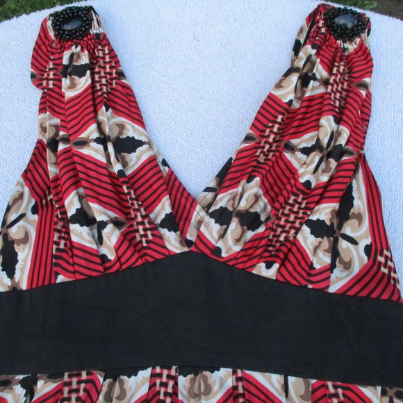 Badgley Mischka Midi Silk Dress Women’s 6 Red/Black Beaded Abstract Print Retro - Picture 5 of 16